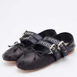 Pre Owned Miu Miu Black Leather Double Buckle Lace Up Ballet Flats Size 38