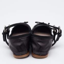 Pre Owned Miu Miu Black Leather Double Buckle Lace Up Ballet Flats Size 38