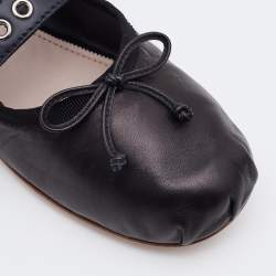 Pre Owned Miu Miu Black Leather Double Buckle Lace Up Ballet Flats Size 38