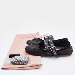 Pre Owned Miu Miu Black Leather Double Buckle Lace Up Ballet Flats Size 38