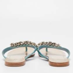 Miu Miu Blue Patent Leather Crystal Embellished Thong Flats Size 38