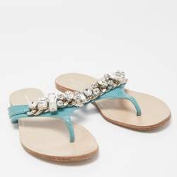 Miu Miu Blue Patent Leather Crystal Embellished Thong Flats Size 38