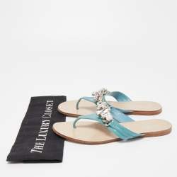 Miu Miu Blue Patent Leather Crystal Embellished Thong Flats Size 38