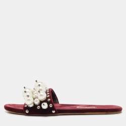 Miu Miu Burgundy Velvet Faux Pearl Embellished Flat Slides Size 37