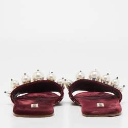 Miu Miu Burgundy Velvet Faux Pearl Embellished Flat Slides Size 37