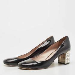 Pre Owned Miu Miu Black Patent Leather Crystal Embellished Heel Pumps Size 39