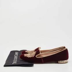 Pre Owned Miu Miu Burgundy Velvet Crest Embroidered Smoking Slippers Size 35.5