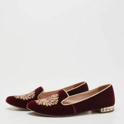 Pre Owned Miu Miu Burgundy Velvet Crest Embroidered Smoking Slippers Size 35.5