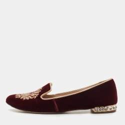 Pre Owned Miu Miu Burgundy Velvet Crest Embroidered Smoking Slippers Size 35.5