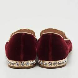 Pre Owned Miu Miu Burgundy Velvet Crest Embroidered Smoking Slippers Size 35.5