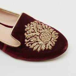 Pre Owned Miu Miu Burgundy Velvet Crest Embroidered Smoking Slippers Size 35.5