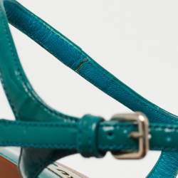 Pre Owned Miu Miu Teal Patent Leather Studded Platform Ankle Strap Sandals Size 37