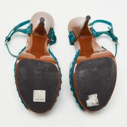 Pre Owned Miu Miu Teal Patent Leather Studded Platform Ankle Strap Sandals Size 37