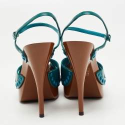 Pre Owned Miu Miu Teal Patent Leather Studded Platform Ankle Strap Sandals Size 37