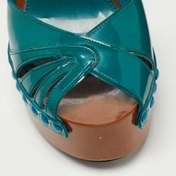 Pre Owned Miu Miu Teal Patent Leather Studded Platform Ankle Strap Sandals Size 37