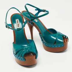 Pre Owned Miu Miu Teal Patent Leather Studded Platform Ankle Strap Sandals Size 37
