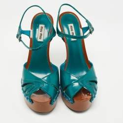 Pre Owned Miu Miu Teal Patent Leather Studded Platform Ankle Strap Sandals Size 37
