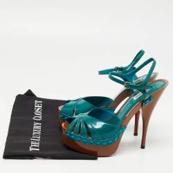 Pre Owned Miu Miu Teal Patent Leather Studded Platform Ankle Strap Sandals Size 37
