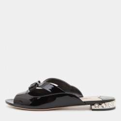 Miu Miu Black Patent Leather Crystal Embellished Flat Slides Size 40