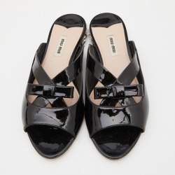 Miu Miu Black Patent Leather Crystal Embellished Flat Slides Size 40