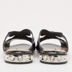 Miu Miu Black Patent Leather Crystal Embellished Flat Slides Size 40