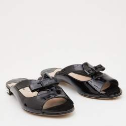 Miu Miu Black Patent Leather Crystal Embellished Flat Slides Size 40