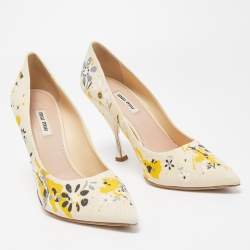 Miu Miu Cream Canvas Floral Print Pointed Toe Platform Pumps  Size 39