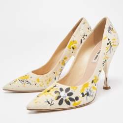 Miu Miu Cream Canvas Floral Print Pointed Toe Platform Pumps  Size 39