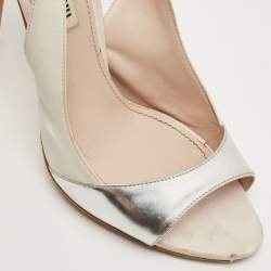 Pre Owned Miu Miu Metallic Silver/White  Leather Slingback Peep Toe Sandals Size 38.5