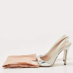 Pre Owned Miu Miu Metallic Silver/White  Leather Slingback Peep Toe Sandals Size 38.5
