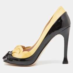 Pre Owned Miu Miu Black / Yellow Patent Leather Bow Detail Peep Toe Platform Pumps Size 37.5