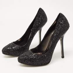 مملوكة مسبقًا Miu Miu Black Glitter Round Toe Pumps Size 38