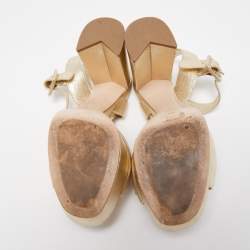 Miu Miu Gold Leather Crystal Embellished Ankle Strap Platform Sandals Size 36.5