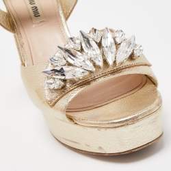 Miu Miu Gold Leather Crystal Embellished Ankle Strap Platform Sandals Size 36.5