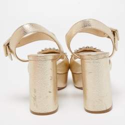 Miu Miu Gold Leather Crystal Embellished Ankle Strap Platform Sandals Size 36.5