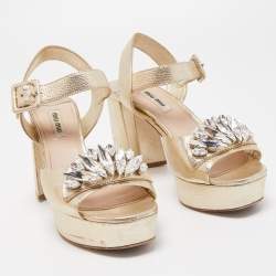 Miu Miu Gold Leather Crystal Embellished Ankle Strap Platform Sandals Size 36.5