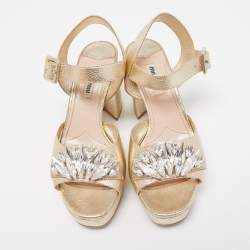 Miu Miu Gold Leather Crystal Embellished Ankle Strap Platform Sandals Size 36.5