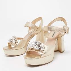 Miu Miu Gold Leather Crystal Embellished Ankle Strap Platform Sandals Size 36.5