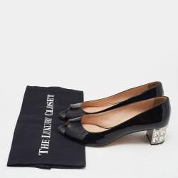 Miu Miu Black Patent Leather Crystal Embellished Block Heel Peep Toe Pumps Size 37