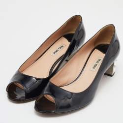 Miu Miu Black Patent Leather Crystal Embellished Block Heel Peep Toe Pumps Size 37