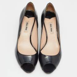 Miu Miu Black Patent Leather Crystal Embellished Block Heel Peep Toe Pumps Size 37