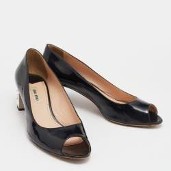 Miu Miu Black Patent Leather Crystal Embellished Block Heel Peep Toe Pumps Size 37
