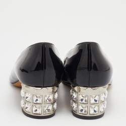 Miu Miu Black Patent Leather Crystal Embellished Block Heel Peep Toe Pumps Size 37