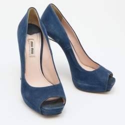 Miu Miu Navy Teal Suede Crystal Heel Peep Toe Pumps Size 38.5