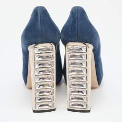 Miu Miu Navy Teal Suede Crystal Heel Peep Toe Pumps Size 38.5