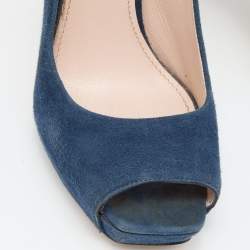 Miu Miu Navy Teal Suede Crystal Heel Peep Toe Pumps Size 38.5