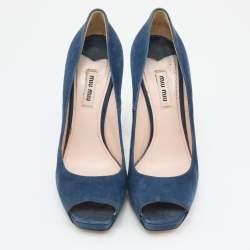 Miu Miu Navy Teal Suede Crystal Heel Peep Toe Pumps Size 38.5