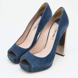 Miu Miu Navy Teal Suede Crystal Heel Peep Toe Pumps Size 38.5