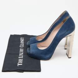 Miu Miu Navy Teal Suede Crystal Heel Peep Toe Pumps Size 38.5