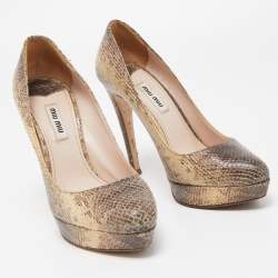 Miu Miu Cream/Brown Snakeskin Embossed Leather Platform Pumps Size 37